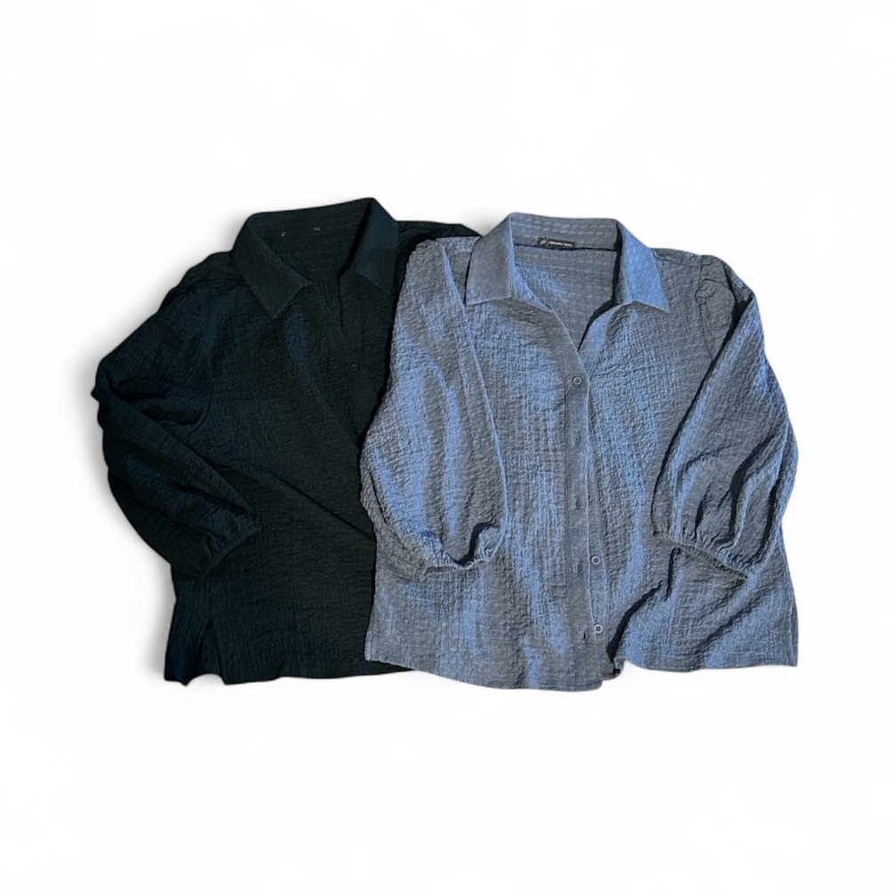 Set of 2 (Green & Blue) Adrianna Papell Textured Knit Button-Up Shirts - L